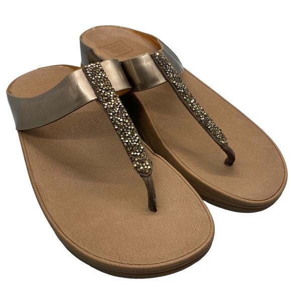 Fitflop Fino Toe-Post Flip Flops Bronze Wedge‎ 9 Style #C89-012 Glitter Studded - Picture 4 of 11